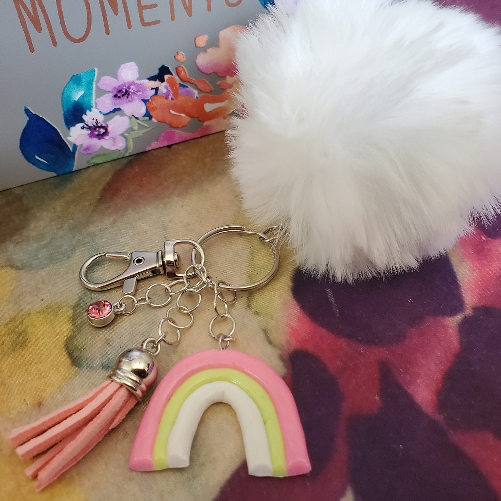 Pom Pom keychain with rainbow, tassle, and gem